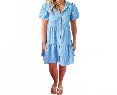 Apny Tiered Puff Sleeve Dress In Blue/white