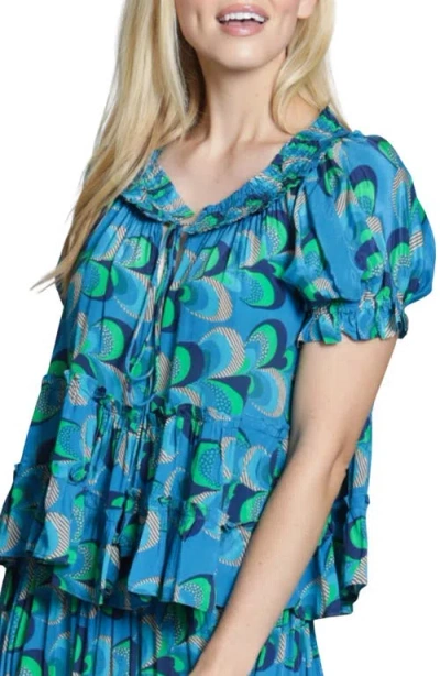 Apny Tiered Ruched Tie Neck Top In Blue