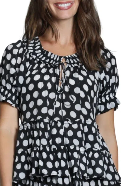 Apny Tiered Ruched Tie Neck Top In Multi