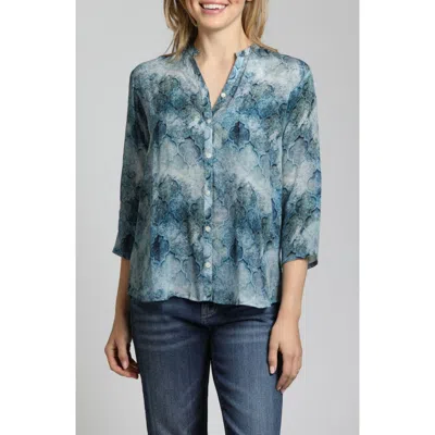 Apny Tile Print Mandarin Collar Button-up Shirt In Blue Multi