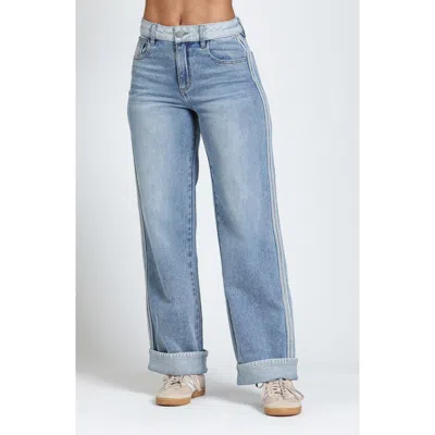 Apny Track Stripe High Waist Straight Leg Jeans In Blue