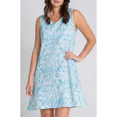 Apny Tropical Palms Linen Shift Dress In Blue