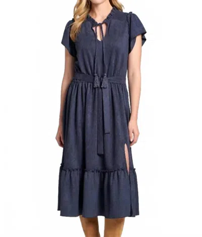 Apny Vegan Suede Short Sleeve Dress With Smocked Sleeves In Navy In Blue