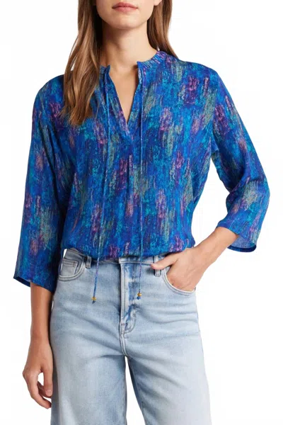 Apny V-neck With Tassel Blouse In Intricate Abstract Multi Print In Blue