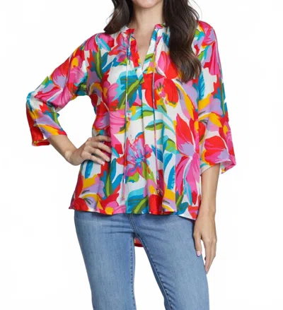 Apny V-neck With Tassel Top In Vibrant Tropical Burst In Multi
