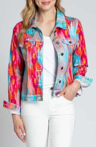 Apny Watercolor Print Denim Jacket In Pink Multi