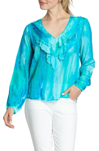 Apny Watercolor Print Ruffle V-neck Chiffon Top In Aqua