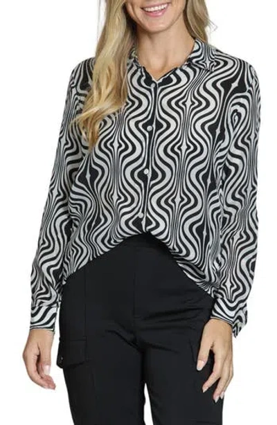Apny Wavy Print Roll Tab Sleeve Button-up Shirt In Black