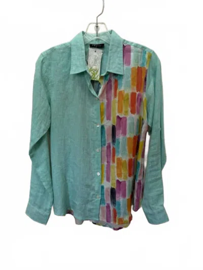 Apny Women's Linen Blouse In Aqua/multi Print In Green