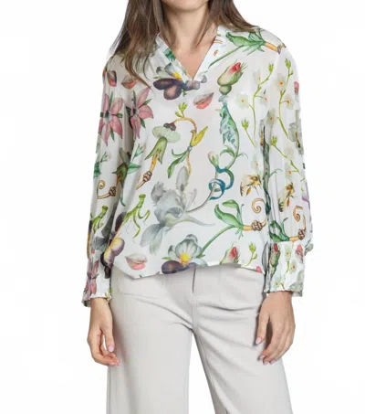 APNY WOMEN'S SPLIT NECK BLOUSE IN WHITE MULTI