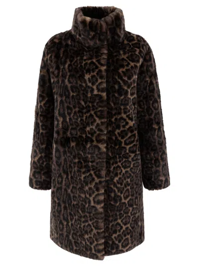 Apparis Blair Dark Leopard Mid-length Coat In Brown