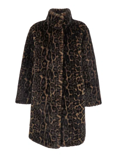 Apparis Blair Dark Leopard Mid-length Coat In Brown