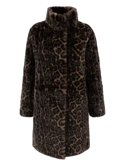 Apparis Blair Dark Leopard Mid-length Coat In Brown