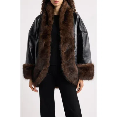 Apparis Carrie Croc Embossed Faux Leather Coat With Faux Fur Trim In Brown