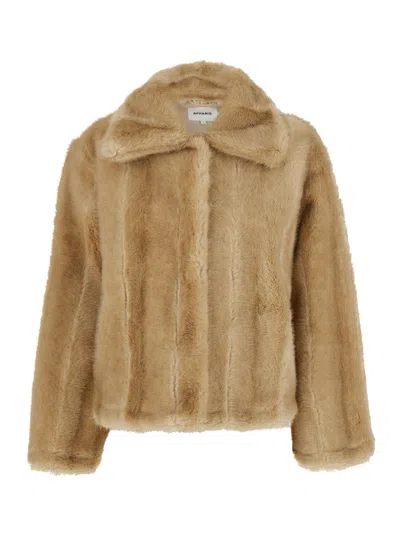 Apparis Elis Shaved Mink Faux Fur Jacket With Scarf Collar And Hook-front Closure In Brown