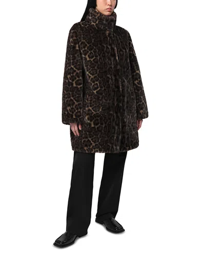 Apparis Faux Fur Blair Leopard Mid Length Coat In Brown