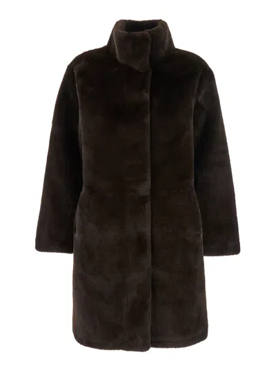 Apparis High-collar Eco-fur Jacket With Long Sleeves For Women In Brown