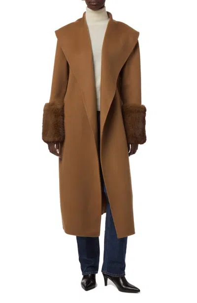 Apparis Jill Faux Fur Cuff Wool Wrap Coat In Camel/mink