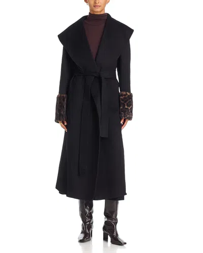 Apparis Jill Wool Faux Fur Trim Belted Long Coat In Black