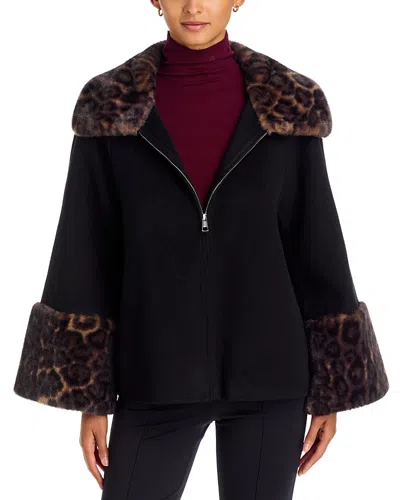 Apparis Judie Wool Faux Fur Trim Coat In Black