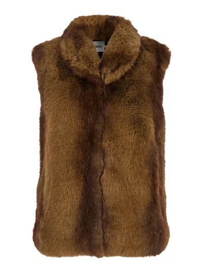 APPARIS BROWN SLEEVELESS COAT WITH HIDDEN FRONT FASTENING IN FAUX FUR WOMAN