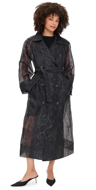 Apparis Lana Organza Leopard Trench Coat Dark Leopard In Black