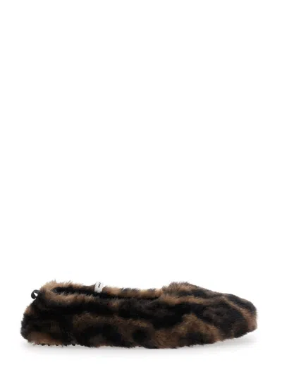 APPARIS 'MAGDA' BROWN BALLERINAS WITH FUR DESIGN AND ANIMAL PRINT IN TECH FABRIC