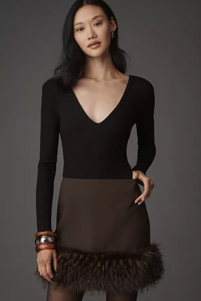 Apparis Meadow Stretch Crepe Miniskirt With Faux Fur Trim In Brown