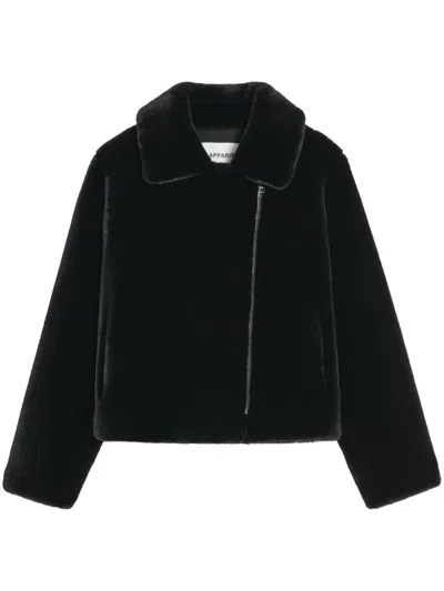 Apparis Notch-lapel Zippered Faux Fur Jacket In Black