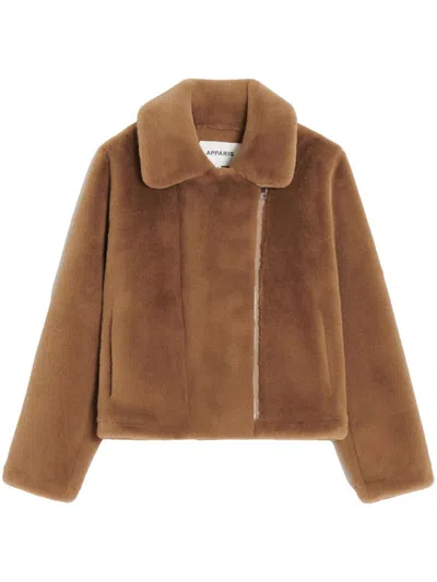 Apparis Notch-lapel Zippered Faux Fur Jacket In Brown