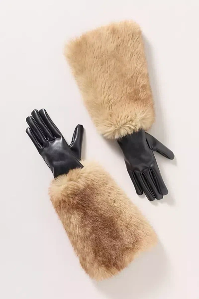 Apparis Robi Faux Fur Faux Leather Gloves In Sand