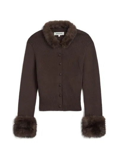 Apparis Rosa Faux-fur Trim Ribbed Cardigan In Brown