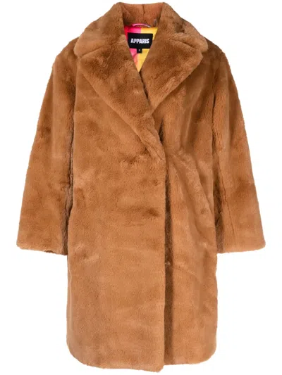Apparis Blair Faux Fur Mid Length Coat In Brown