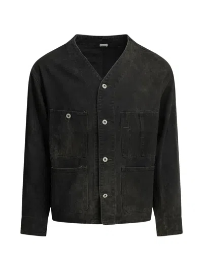 A.PRESSE ENGINEER COLLARLESS MULTI-POCKET DENIM JACKET