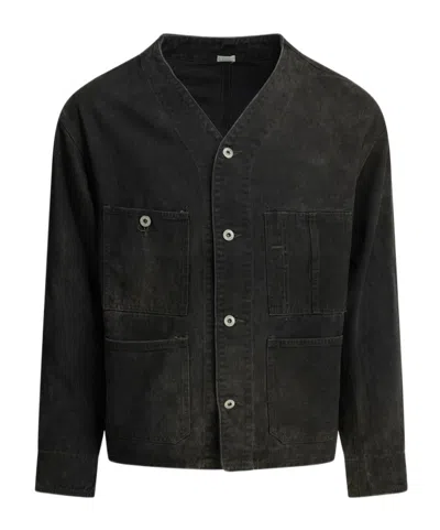 A.presse Engineer Collarless Multi-pocket Denim Jacket In Black