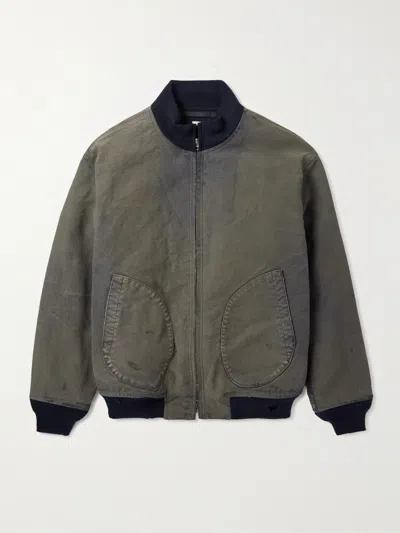 A.presse Distressed Ribbed Wool-trimmed Denim Bomber Jacket In Green