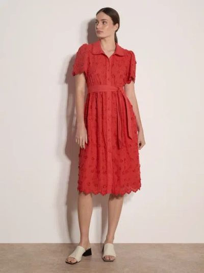 Apricot 3d Embroidered Cotton Midi Dress In Red