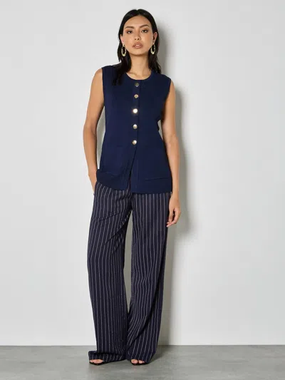 Apricot Button Ribbed 2 Pocket Waistcoat In Navy In Blue