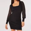 APRICOT CHIFFON SLEEVES BODYCON KNIT DRESS IN BLACK