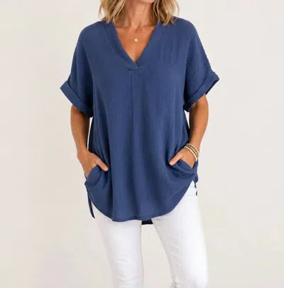 Apricot Cotton Gauze Pocket Tunic Top In Navy In Blue