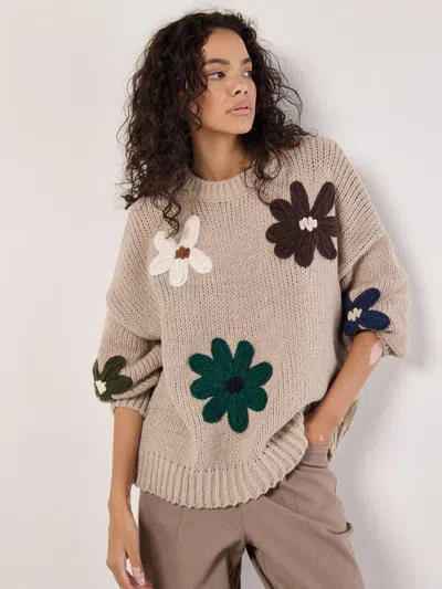Apricot Embroidered Daisies Knitted Jumper In Stone