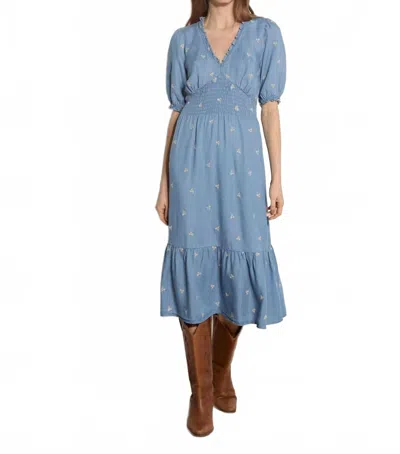Apricot Embroidered Denim Tea Dress In Sky Blue