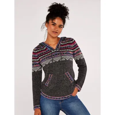 Apricot Fairisle Pop Hooded Jumper In Dark Grey