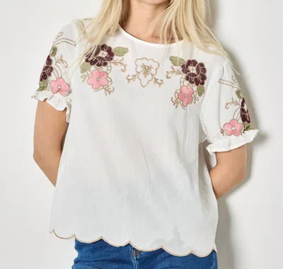 Apricot Floral Embroidered Ruffle Sleeve Top In White In Gray