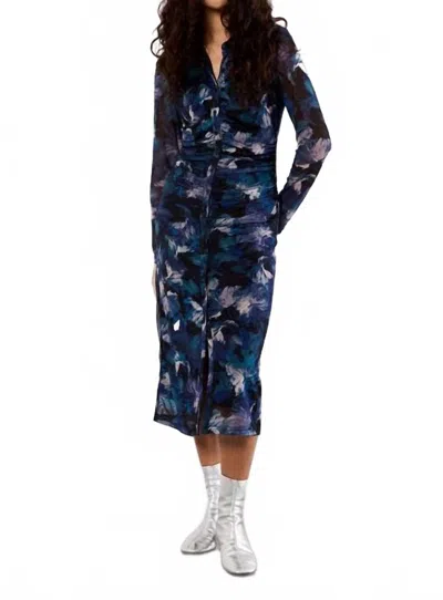 Apricot Floral Mesh Ruched Midi Dress In Teal In Blue