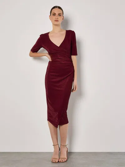 Apricot Foil Sparkle Metallic Side Ruched Dress In Burgundy