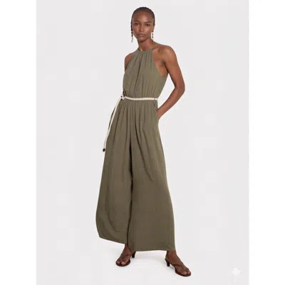 Apricot Halter Neck Rope Belt Jumpsuit In Khaki