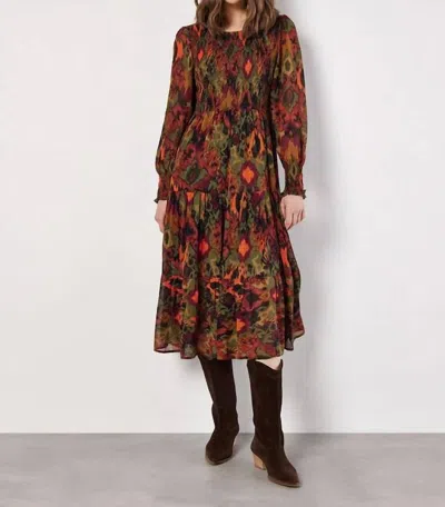 Apricot Ikat Chiffon Smocked Midi Dress In Orange