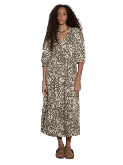 Apricot Ikat V-neck 3/4 Sleeve Midi Dress In Animal Print
