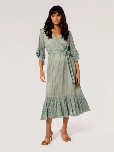 Apricot Lace Ruffle Wrap Midi Dress In Mint In Green